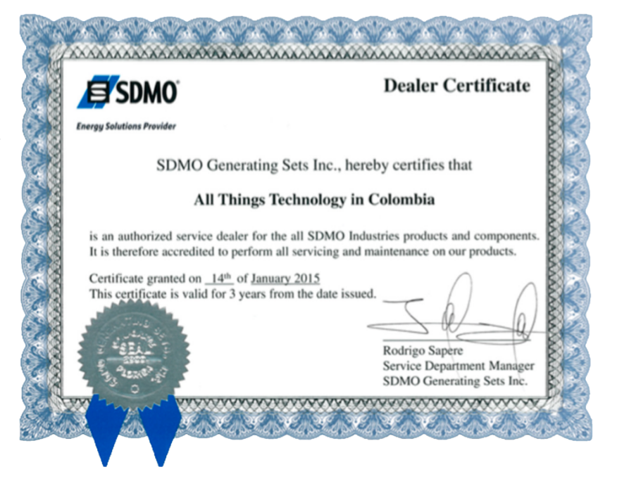 Certificado SDMO Dealer Certificate - All Things Technology